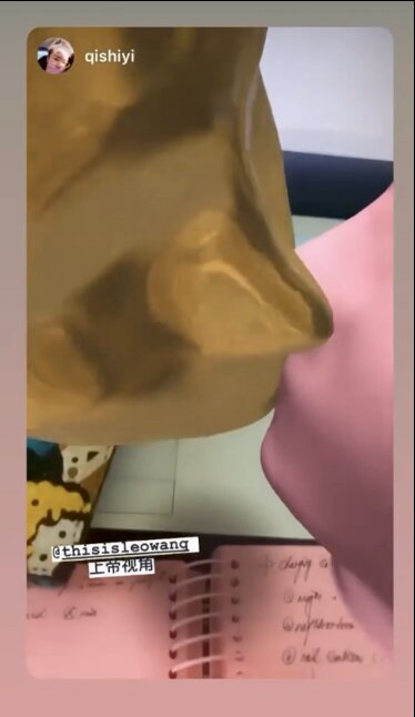 Self-Portrait Soulmate, two AR-filter heads in gold and pink floating and kissing, seen through the Instagram camera